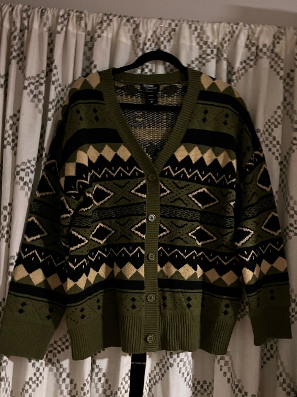 Hot Topic Olive, Black & Cream Geometric Button Cardigan
